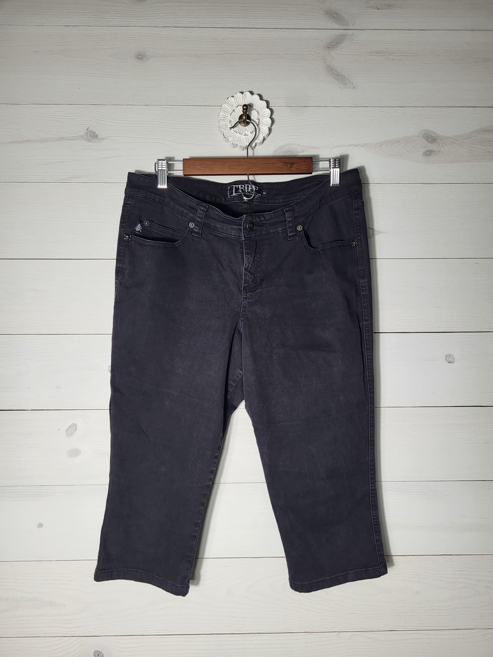 TRIPP NYC Pants Cotton Black Denim Capri Jeans Grunge Goth Skull Detail Y2K.
